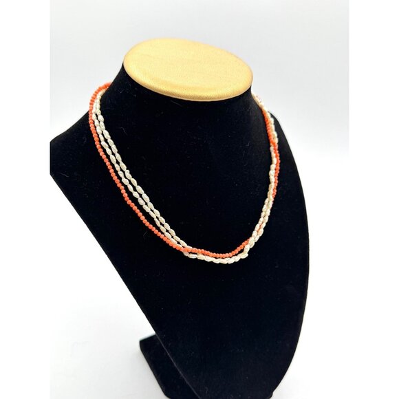 3 Strand Necklace With Coral Beads And Freshwater Pearl Seed Beads Vintage - Picture 2 of 5